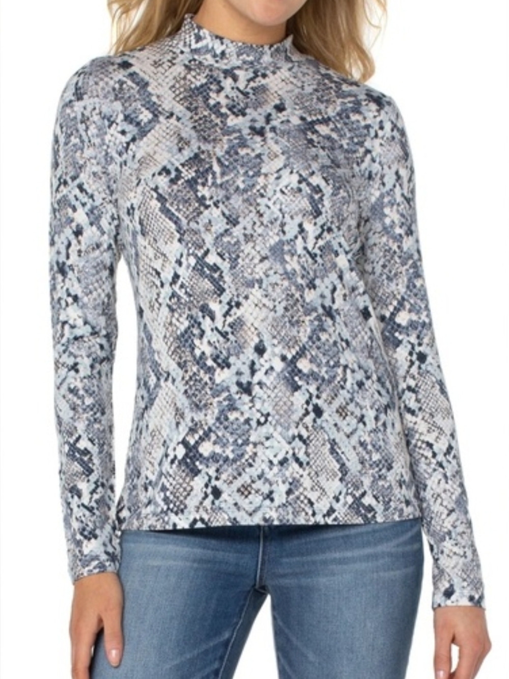 Liverpool Women's Long-Sleeve Mock Neck Snake Print Top - Blue, Gray, White